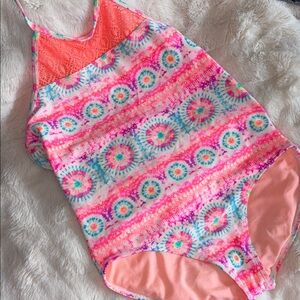 One Piece Swimsuit Halter Lace Top Orange Pink Size 14 Girls Pool Lake Swim